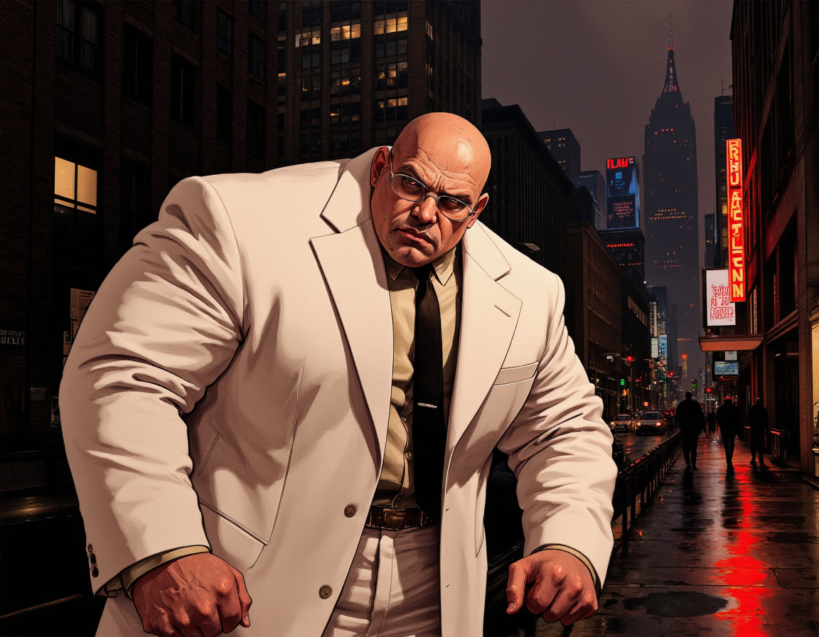 <lora:{martoonia, }martoonia:0.65> martoonia, A vibrant, comic book-style illustration of Wilson Fisk, aka Kingpin, standing tall with his imposing figure, clad in his signature white suit, complete with a crisp, high-collared shirt and a black tie. His skin is pale, with a subtle sheen to it, and his face is a map of scars and intense features, his eyes gleaming with a fierce, calculating intelligence behind a pair of elegant, silver-framed glasses. His dark hair is slicked back, revealing a prominent widow's peak, and his massive hands are clenched into fists at his sides. He exudes an aura of quiet confidence and menace, his broad shoulders and chest straining against the seams of his tailored suit. The lighting is dramatic, with deep shadows accentuating his rugged features, and a warm, golden glow highlighting the textures of his clothing and the surroundings. The background is a dark, muted cityscape at dusk, with skyscrapers and neon lights reflected in the polished surface of a wet sidewalk, and a hint of fog rolling in to shroud the streets in mystery. The shot is a wide-angle, dynamic pose, with Kingpin standing at the forefront, his massive frame dominating the composition. The image features a bold, graphic style, with thick lines, vibrant colors, and heavy shading, giving it a dynamic, larger-than-life feel. The overall mood is one of dark, gritty intensity, with a sense of foreboding and menace lurking in the shadows. The illustration is highly detailed, with a focus on textures, from the rough, pitted surface of Kingpin's skin to the smooth, glossy finish of his suit, and the image is rendered in a style that blends traditional comic book art with modern, digital painting techniques. . 35mm photograph, film, bokeh, professional, 4k, highly detailed