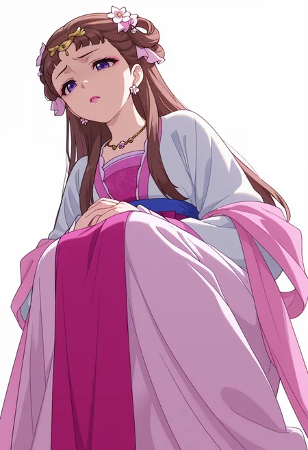 Smooth Quality,masterpiece,very intricate, high quality details, ultra realistic, high detailed skin,detailed enviorement,absurdres,
partially undressed, 
 <lora:Lishu_CNR:0.8> lishu_cnr,brown hair, long hair, purple eyes, makeup, lipstick, lishu_pink_cnr,hanfu, dress, long sleeves, sash, shawl, circlet, flower earrings, necklace,hair flower, hair rings, hair bun,, simple background, white background, from below,
crouching, hands together, foot forward, intense, ready,  ,disgust,