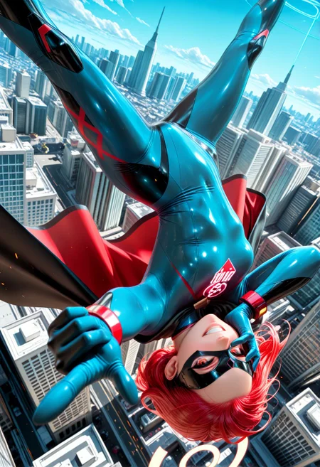 SmoothNoob_Quality, (blue archive:1.3), 1girl, solo, superhero costume, skinny, red and blue bodysuit, cape, eye mask, midair, day, blue sky, outdoors, new york city, (finger gun), hand on face, legs apart, looking at viewer, depth of field, dynamic composition, detailed background, dynamic pose, dutch angle, cowboy shot, falling, upside-down, grin, <lora:Smooth_Booster:0.5> <lora:SLE_v2:0.25>βββ