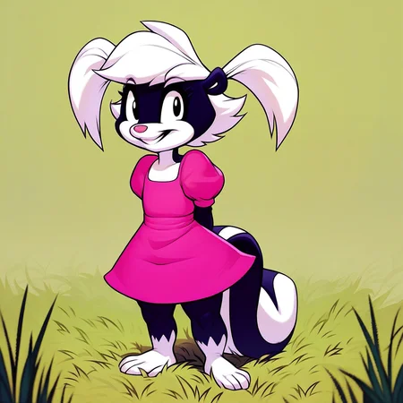 score_9, score_8_up, score_8, score_7, source_cartoon, source_furry, By Eric Schwartz, Solo, 1girl, anthro, skunk girl, female furry, black and white fur, puffy tail, white hair, pig tails, white hands, white feet, pink nose, black eyes, shortstack, full body, looking at viewer, flat chested, standing, pink dress, puffy sleeves, smiling, excited look, grass field background, sunny, hands behind back,