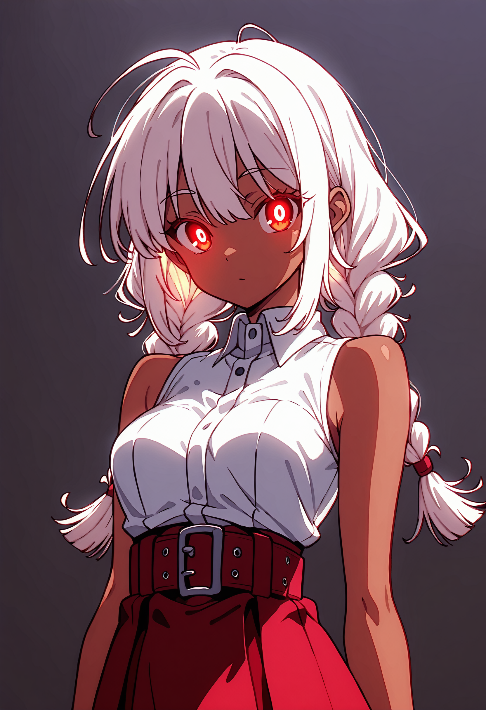 n30n01r, glowing, <lora:NeoNoir:0.6>,
NoGamenoLifeStyle, <lora:No_Game_no_Life IL:0.6>,
4ur4_illu,shiny, <lora:Aura_Phantasy_illu:0.6>,
<lora:spo_sdxl_10ep_4k-data_lora_webui:0.8>,
1 girl,white hair,long hair,braid,twin braids,sidelocks,ahoge,red eyes,dark skin,dark-skinned female,medium breasts,white shirt,sleeveless shirt,bare shoulders,belt,high-waist_skirt,