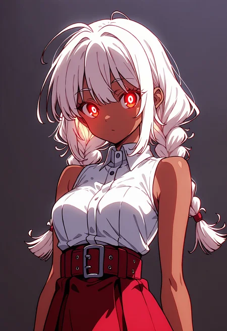 n30n01r, glowing, <lora:NeoNoir:0.6>,
NoGamenoLifeStyle, <lora:No_Game_no_Life IL:0.6>,
4ur4_illu,shiny, <lora:Aura_Phantasy_illu:0.6>,
<lora:spo_sdxl_10ep_4k-data_lora_webui:0.8>,
1 girl,white hair,long hair,braid,twin braids,sidelocks,ahoge,red eyes,dark skin,dark-skinned female,medium breasts,white shirt,sleeveless shirt,bare shoulders,belt,high-waist_skirt,