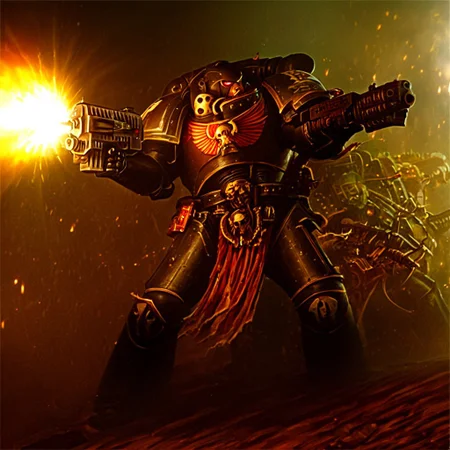 Score_9_up, absurdres, source: GamesWorkshop, grimdark, gothic horror, an adeptus astartes space marine in armor and helmet, he is firing a bolter gun