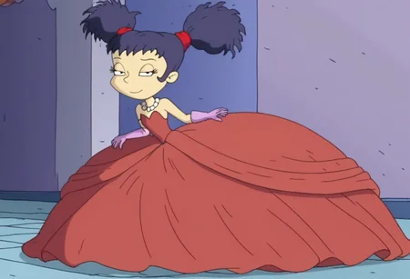 1girl, solo, kimi_finster, dark black hair, twin tails, white skin, princess make up, Very long large floor length wide straight tulle red long sleeved ball gown hoop skirt, ball gown hoop skirt, red princess dress, hoopdress, my big princess gypsy wedding dress, ballgown, a girl in a dress posing like a princess for a picture, looking at viewer, half closed eyes, closed mouth, she is posing, she is walking like a quinceanera model