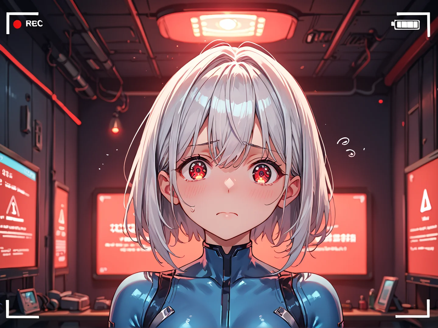 source_anime, score_9, score_8_up, score_7_up, best quality, solo, 1girl, silver hair, upper body, bodysuit, blue bodysuit, indoors, science fiction, ((dark)), ((dark room)), ((red light)), red screen, emergency light, anxious, nervous, looking at viewer, viewfinder <lora:red_light-01:1>