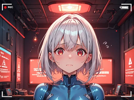 source_anime, score_9, score_8_up, score_7_up, best quality, solo, 1girl, silver hair, upper body, bodysuit, blue bodysuit, indoors, science fiction, ((dark)), ((dark room)), ((red light)), red screen, emergency light, anxious, nervous, looking at viewer, viewfinder <lora:red_light-01:1>