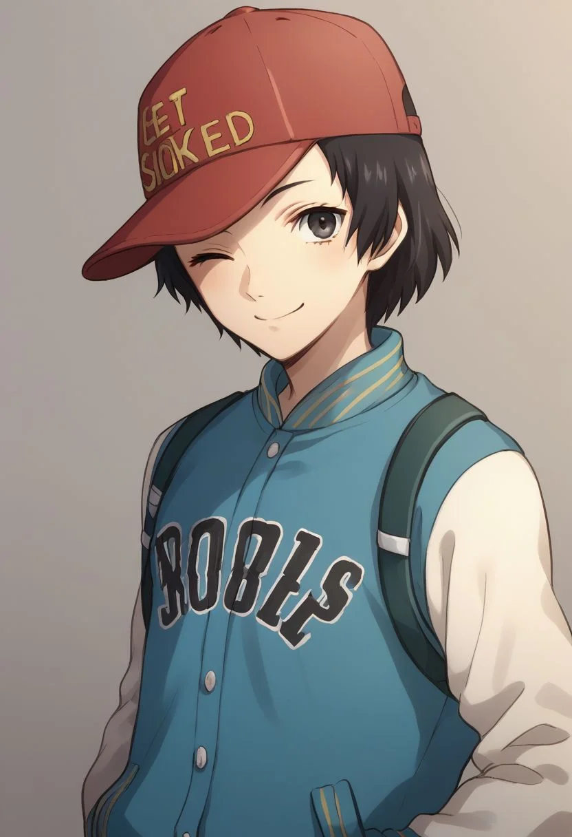 score_9, score_8_up, source_anime, highly detailed, 1boy, solo, skinny,
shinya, 1boy, hat, solo, baseball cap, jacket, black hair, hands in pockets, black eyes, short hair, upper body, letterman jacket, red headwear,
looking at viewer, smile, wink,
from back, looking back,