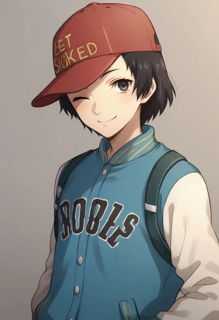score_9, score_8_up, source_anime, highly detailed, 1boy, solo, skinny,
shinya, 1boy, hat, solo, baseball cap, jacket, black hair, hands in pockets, black eyes, short hair, upper body, letterman jacket, red headwear,
looking at viewer, smile, wink,
from back, looking back,