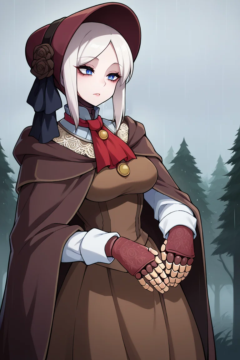 score_9, score_8_up, score_7_up, BREAK, <lora:manyakis-guy-PONYv1:1>, 1girl, solo, breasts, <lora:plaindoll-pdxl-nvwls-v1:0.8> plaindoll, white hair, doll joints, bonnet, red ascot, brown cloak, brown dress, long dress, gloves, outdoors, forest, rain, cloudy sky, fog, horror \(theme\),