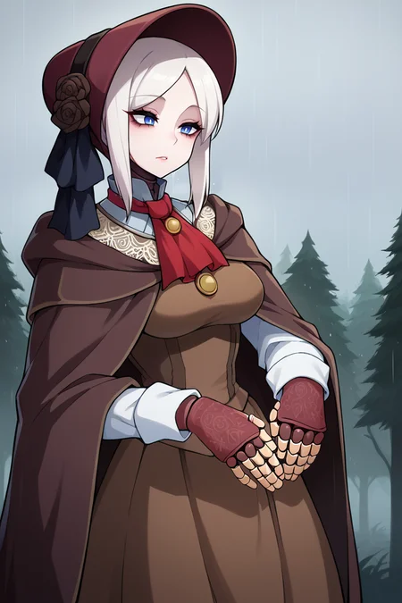 score_9, score_8_up, score_7_up, BREAK, <lora:manyakis-guy-PONYv1:1>, 1girl, solo, breasts,  <lora:plaindoll-pdxl-nvwls-v1:0.8> plaindoll, white hair, doll joints, bonnet, red ascot, brown cloak, brown dress, long dress, gloves, outdoors, forest, rain, cloudy sky, fog, horror \(theme\),