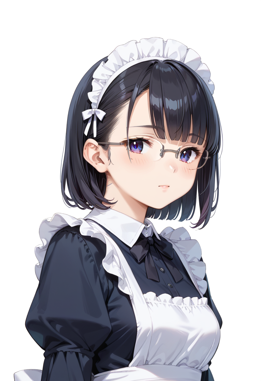 score_9, score_8_up, score_7_up, rating_safe, masterpiece, best quality, absurdres, unity 8k wallpaper, official art, official style, source_anime, uncensored, game cg, megami magazine,
1girl, solo, black hair, medium hair, upper body, covered eyes,maid, maid headdress, black dress, maid apron, face focus, 
halfrim15S, still life, white background, simple background, grey-framed eyewear,
 <lora:glasses_halfrim15s_PONY_V1:1>