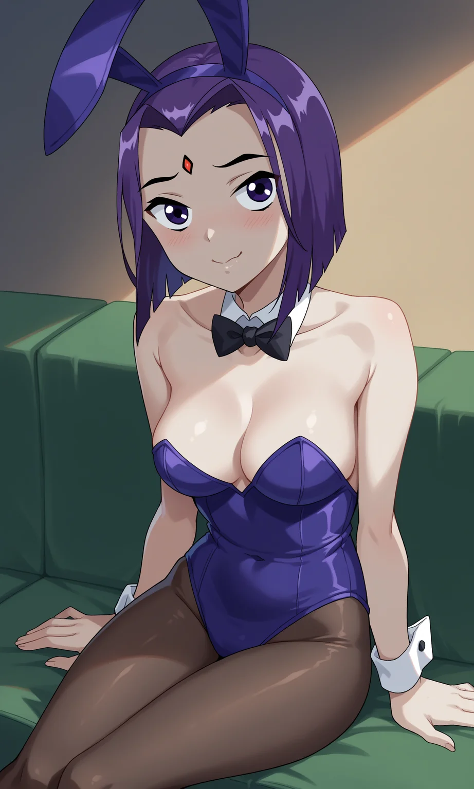 score_9, score_8_up, score_7_up, 1girl, raven, purple_eyes, purple_hair, short_hair, medium_breasts, playboy_bunny, fake_animal_ears, strapless_leotard, black_pantyhose, looking_at_viewer, embarrassed, smile, wavy_mouth, closed_mouth, sitting, on_sofa,