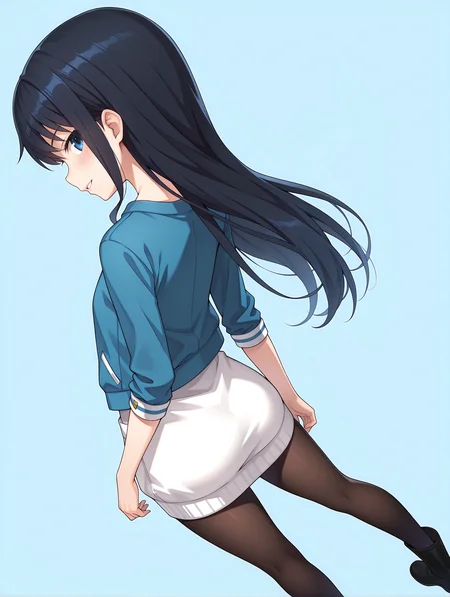 masterpiece,best quality,newest,
1girl,solo,
<lora:k_mutsumi_ilxl_v1.0:1>,k_mutsumi,black hair,long hair,blue eyes,
k_a_s,blue,sweater dress,black_pantyhose,boots,
<lora:Fixhands_anime_bdsqlsz_V1:1>,dynamic_angle,looking_at_viewer,standing,light_blush,face_focus,simple_background,white_background,smirk,parted lips,from_back,from_above,fisheye,looking_up,looking_back,profile,Twisting the body,