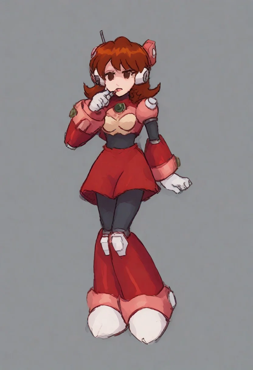 megamanreploid, android, gloves, armor, bodysuit, robot ears, headset, white gloves, Alia's bodysuit, red dress, mecha dress, armored dress, GF FNF