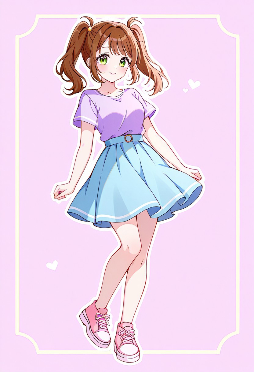 EmilySML 1girl, brown hair, brown pigtails, green eyes, purple shirt, blue skirt, pink shoes, short, solo, full body