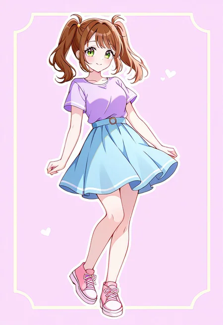 EmilySML 1girl, brown hair, brown pigtails, green eyes, purple shirt, blue skirt, pink shoes, short, solo, full body