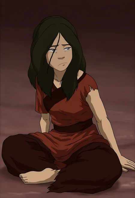 In the Avatar Animation style,  1girl, Young Hama, solo, long hair, black hair, sitting, barefoot, torn clothes, arrogant,
<lora:Avatar-Anime-Style2:1>,