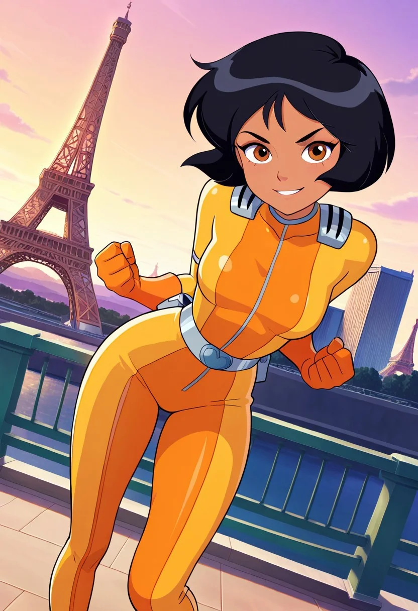 screencap, flat colors, official art, masterpiece, best quality, amazing quality, very aesthetic, high resolution, ultra-detailed, absurdres, newest,
alex_totally_spies, short hair, black hair, brown eyes, dark-skinned female, 1girl, solo, yellow bodysuit, looking at viewer, action pose, Eiffel Tower background