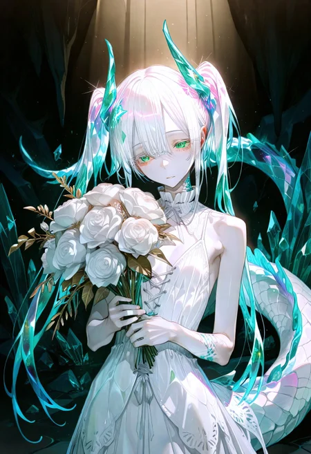 safe_pos, safe_pos, perfect quality, best quality, absolutely eye-catching, cinematic, (masterpiece), (ultra-detailed), Soft lighting, very aesthetic, illustration, perfect composition, ultra detailed face, detailed eyes,
1igrl, a dragon girl, solo,
crystal hair, shiny hair, colored eyelashes, crack,
crystal hair in white,
twin ponytails,
cute face, skinny skin, skinny scales, aura,
one white crystal wing, one black crystal wing,
long white crystal dress with many laces, laces,
claw,
holding a crystal bouquet,
small breast,
crystal tail in white,
innocent, pure, curious, happy, wide open eyes, looking at viewer, pov,
break,
in a crystal cave