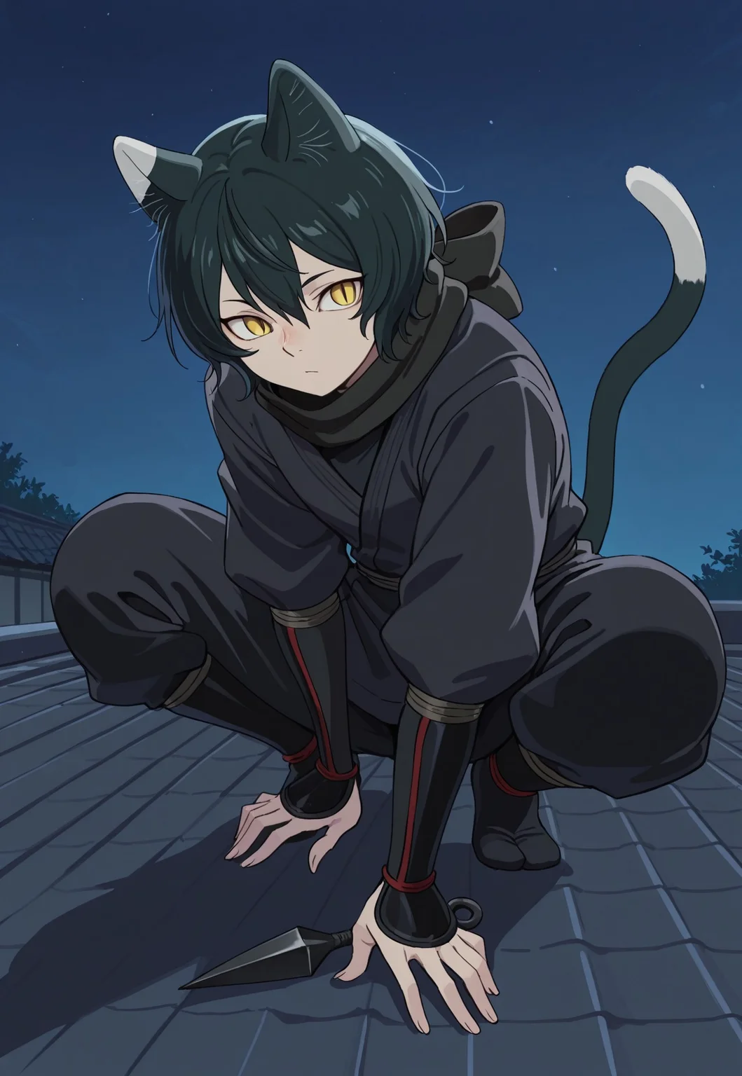 safe_pos, score_9, score_8_up, score_7_up, masterpiece, best quality, very aesthetic, Dunmeshi_Izutsumi, 1girl, solo, cat ears, black hair, short hair, yellow eyes, slit pupils, cat tail, IzuNinja, ninja outfit, alternate outfit, vambraces, dougi, black pants, jika-tabi, black scarf, full body, on roof, squatting, holding, holding kunai, kunai, dynamic pose, perspective, night, dark