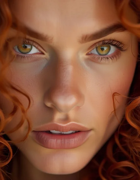A close-up of a model with long, curly auburn hair, her hazel eyes reflecting a quiet strength, her expression serious and composed. <lora:usual-portrait-v2:1>