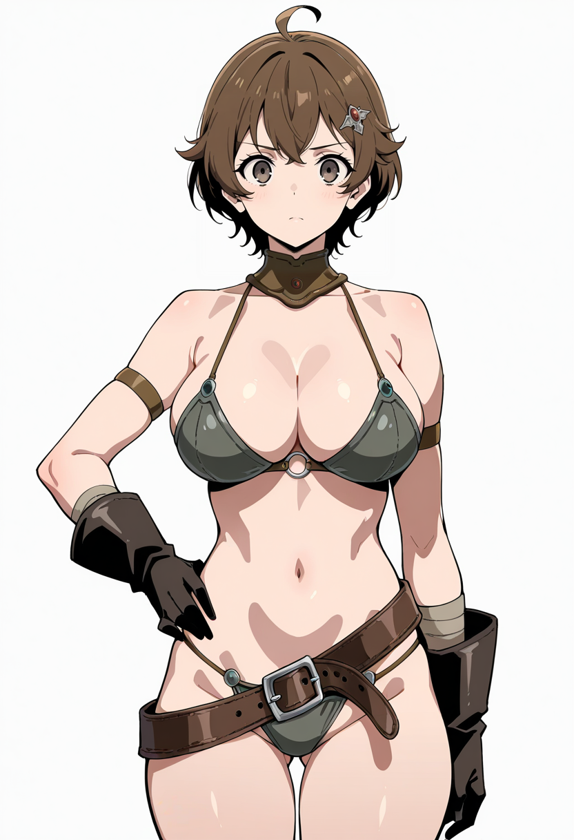 masterpiece, best quality,
1girl, solo,
standing, hand on own hip,
looking at viewer,
<lora:Vierra:1> V13rr4, brown hair, short hair, hair ornament, ahoge, brown eyes, large breasts, 
bikini armor, navel, belt, gloves, 
white background, simple background,