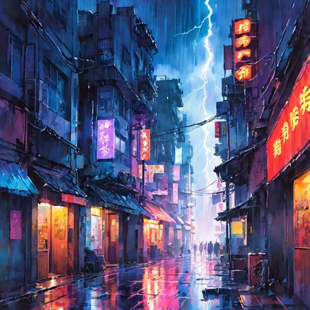 (((masterpiece))),(((best quality))),((ultra-detailed))(((night,heavy rain,lightning))),starry sky,
((cyberpunk)),(cyberpunk city,cyberpunk building),(broken city),((neon light,colorful)),
traditional watercolor painting,<lora:traditional_watercolor_painting:0.7>,