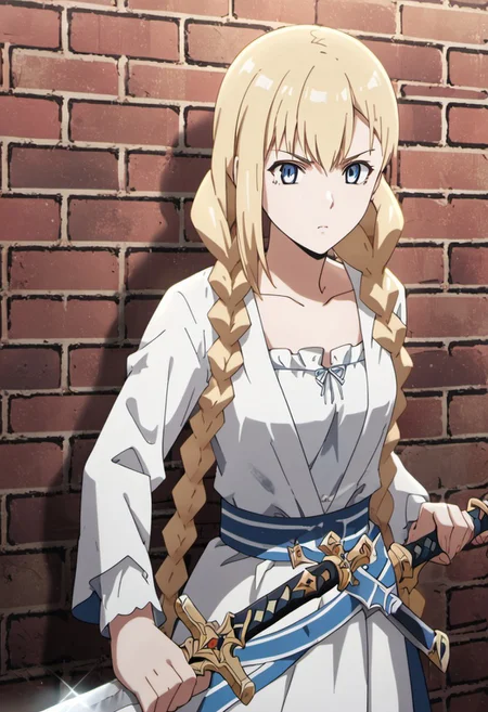 score_9, score_8_up, score_7_up, source_anime, roxy hart, blonde hair, long hair, blue eyes, 1girl, weapon, solo, sword, braid, holding weapon, holding, twin braids, holding sword, brick wall, anime coloring, collarbone