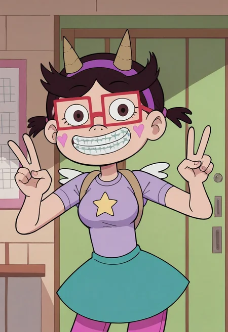 score_9,score_8_up,score_7_up, 1girl, solo, StarFan13_SVTFOE, light skin, dark brown hair, short hair, small low pigtails, brown eyes, red square glasses, violet headband with horns, pink hearts on her cheeks, braces, lavender lavender T-shirt with yellow star, turquoise skirt, hot pink pants, backpack with small wings looking at viewer, indoors, tall, adult, room background, (perfect eyes) (portrait) big breasts, v sign pose, smile