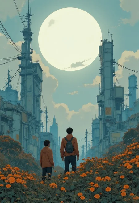 A digital painting of a serene, misty landscape with a large, glowing moon in the background. Two figures, a man and a woman, are standing in a field of tall grass, facing away from the viewer, with the man wearing a brown jacket and the woman wearing a blue jacket. The man has a backpack on his back. The woman is wearing a red beanie. The scene is filled with tall, twisted vines and mechanical structures, robots destroyed, creating a surreal and dreamlike atmosphere. The colors are muted and muted, with a soft, ethereal quality. The style is reminiscent of sci-fi and fantasy art.