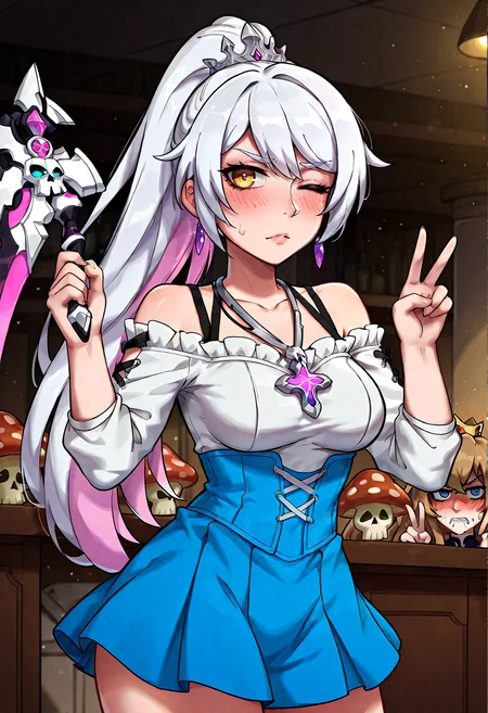 IllustriousQual, <lora:StS-Illustrious-Detail-Slider-v1.0:2> <lora:cfg_scale_boost:0.3> <lora:StS_Age_Slider_Illustrious_v1:3>,detailed_background,indoors,medium breasts,closed mouth,scythe,multicolored hair,v,yellow eyes,mushroom,star \(symbol\),star-shaped pupils,crown ornament,aisaka taiga,toradora!,brown eyes,long sleeves,poison mushroom cookie,jewelry,kiana kaslana \(herrscher of finality\),gem,symbol-shaped pupils,humanization,cross-laced clothes,skull print,ponytail,skull necklace,open mouth,kie0x,holding,cross-laced sleeves,two-tone hair,long hair,white hair,blush,licorice servants,2girls,flower,bare legs,honkai impact 3rd,looking at viewer,voice actor connection,blue eyes,one eye closed,upper body,dress,honkai \(series\),breasts,ribbon,cookie run,battlesuit,kugimiya rie,blue skirt,tsundere,holding scythe,highres,skirt