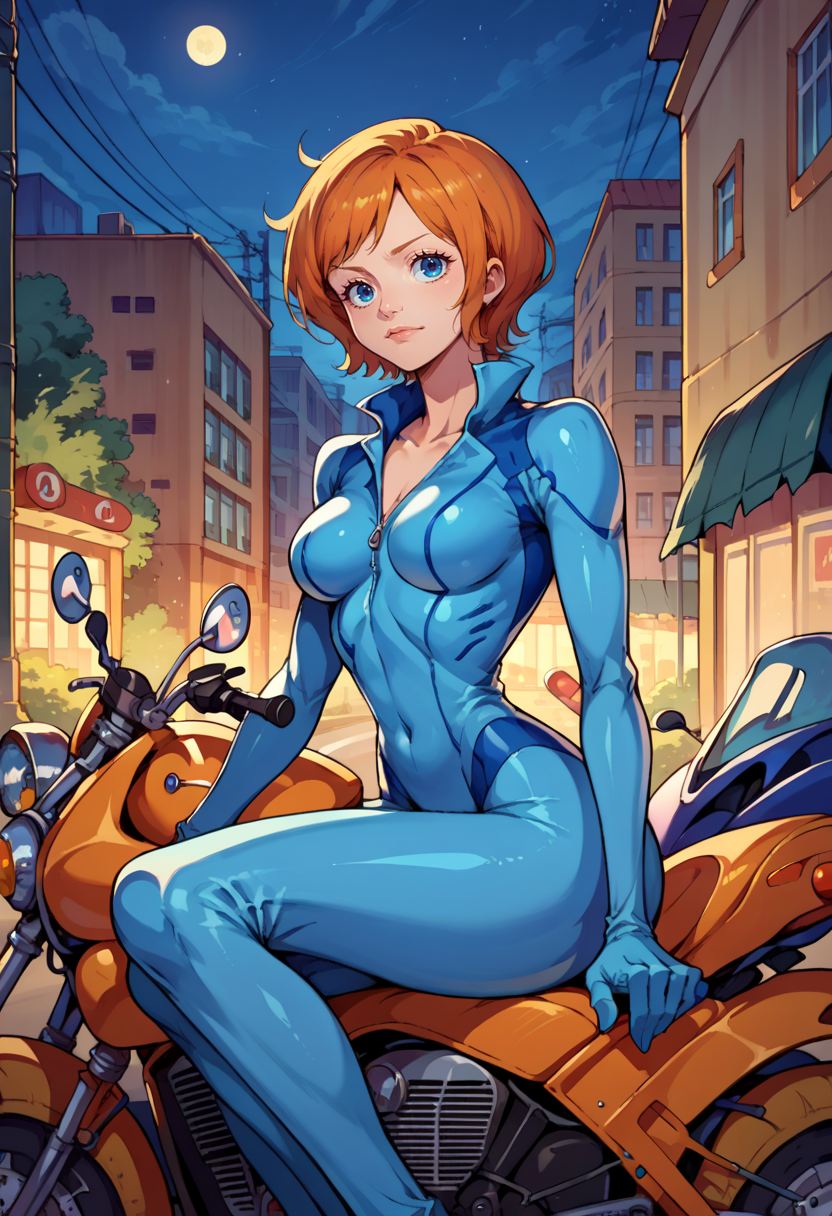 score_9, score_8_up,score_7_up, source_anime, solo, 1girl,<lora:EPopKoala:1>, EPopKoala, short hair, orange hair, swept bangs, blue eyes, 
 cowboy shot, leaning, motor vehicle, ground vehicle, motorcycle, sitting, on motorcycle, blue bodysuit, bodysuit, night, street,