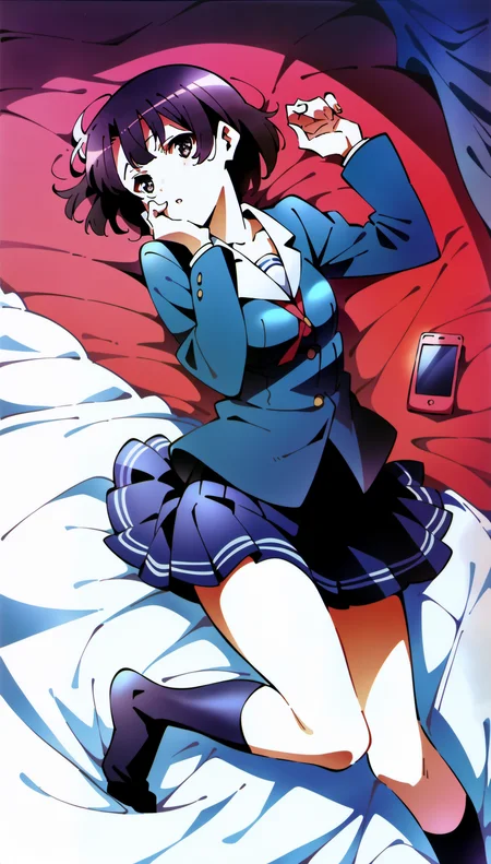 score_9,score_8_up,score_7_up,
<lora:megumikato:1>,megumikato,
1girl,solo,black hair,bangs,short hair,brown eyes,looking at viewer,parted lips,blue school blazer,red ribbon tie,long sleeves,pleated skirt,purple kneehighs,full body,lying on bed,left hand holding red smartphone,right hand on cheek,feet out of frame,blue bed sheet,