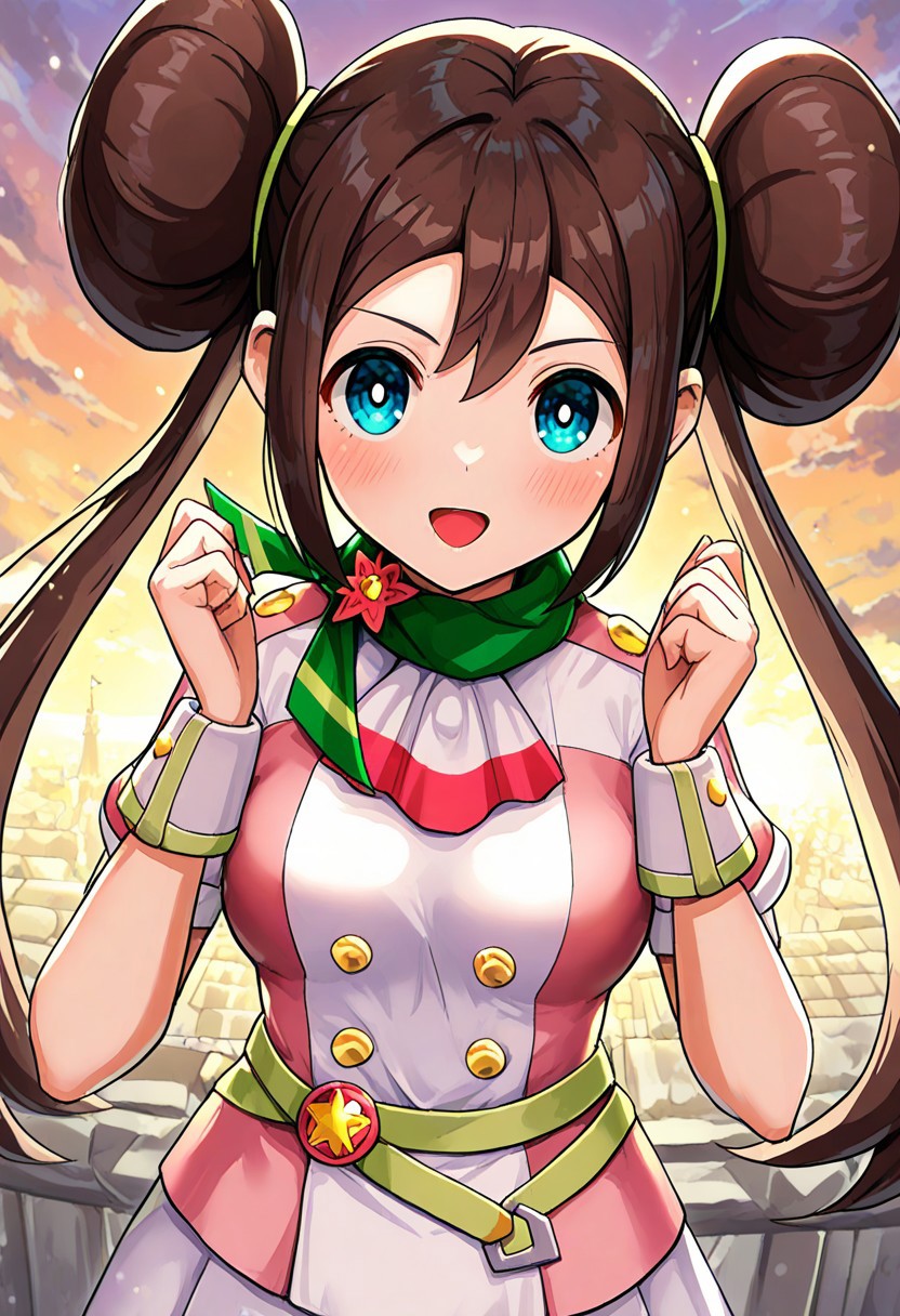 2d, masterpiece, best quality, amazing quality, 1girl, solo, close-up, standing, sky, looking at viewer, scrosa, def colors, blue eyes, brown hair, double bun, twintails, sidelocks, white shirt, yellow buttons, pink shirt, short sleeves, white wrist cuffs, green belt, green scarf, white ascot, white skirt,