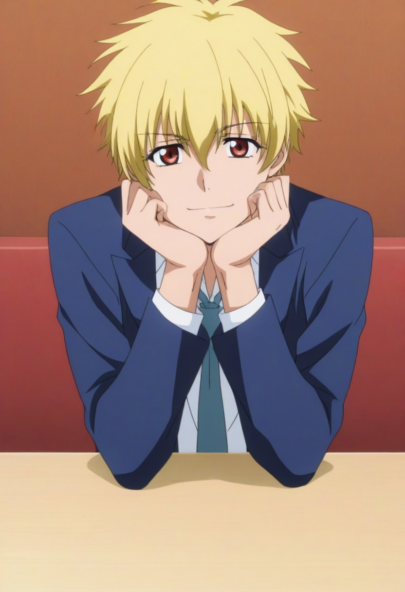 ((High Quality, High definition)), ((1male focus, solo boy focus, one character only)), ((one person only, one photo only, single illustration only)), ((perfect anatomy, perfect eyes)), ((Anime, Anime screencap, Anime Coloring)), ((handsome male, attractive male, sexy male, good-looking male, cute male)), ((Kuuga Sakurai, blonde hair, red-brown eyes, school uniform, blue blazer, open blazer, necktie, untucked, gray pants)), ((tall body, tall height)), ((front view, looking at viewer)), ((cafe shop)), ((sitting, arms support on table, hands on chin pose)), smile, ((perfect hands, perfect five fingers))