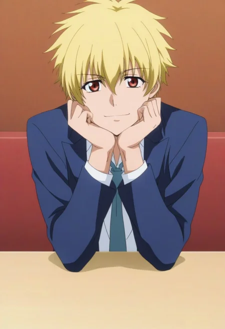 ((High Quality, High definition)), ((1male focus, solo boy focus, one character only)), ((one person only, one photo only, single illustration only)), ((perfect anatomy, perfect eyes)), ((Anime, Anime screencap, Anime Coloring)), ((handsome male, attractive male, sexy male, good-looking male, cute male)), ((Kuuga Sakurai, blonde hair, red-brown eyes, school uniform, blue blazer, open blazer, necktie, untucked, gray pants)), ((tall body, tall height)), ((front view, looking at viewer)), ((cafe shop)), ((sitting, arms support on table, hands on chin pose)), smile, ((perfect hands, perfect five fingers))