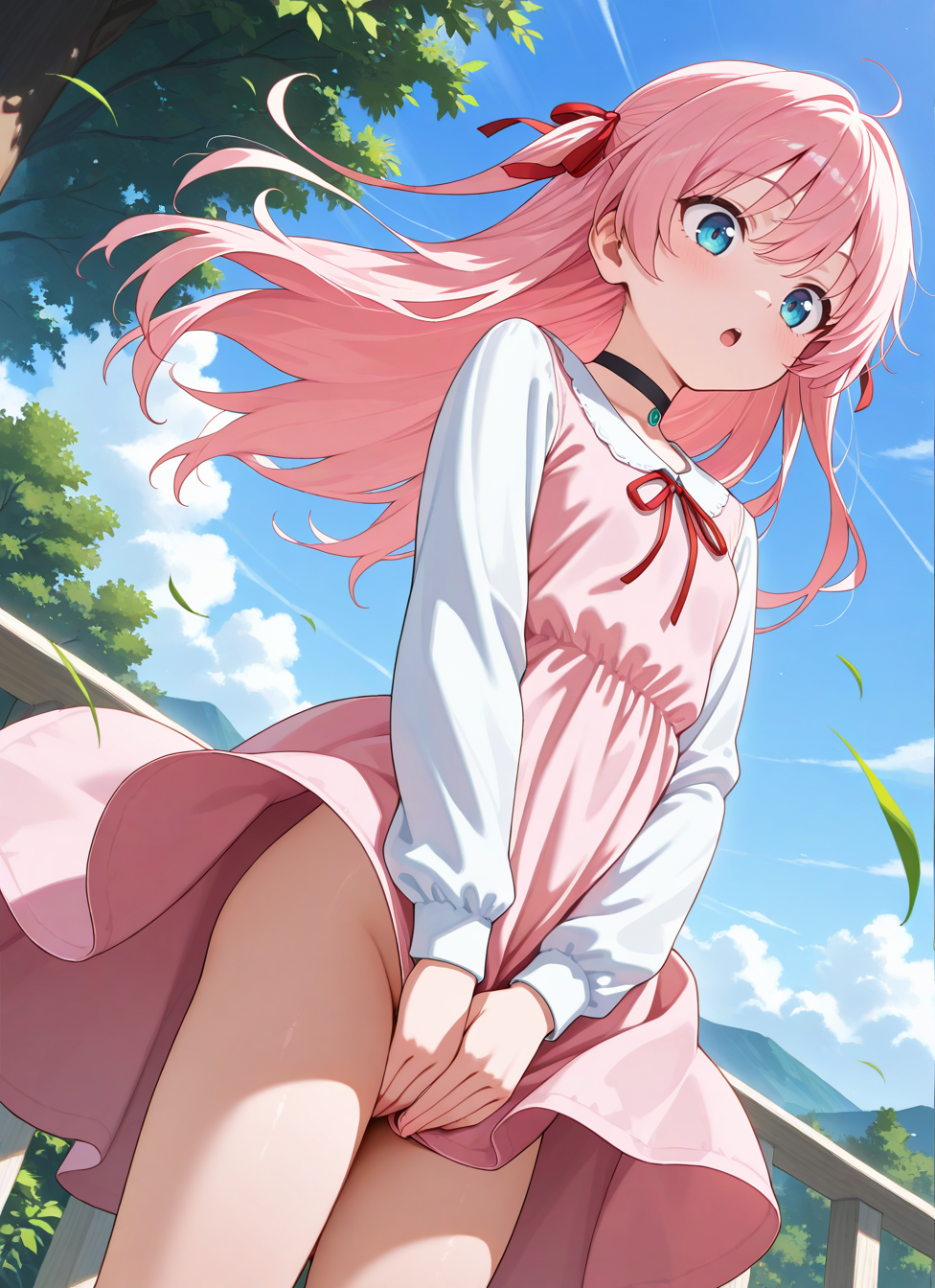 1girl, aqua eyes, black choker, red ribbon, pink dress, jewelry, long sleeves,, outdoors, day, standing, cowboy shot, dutch angle, from below, covering privates, covering crotch, no panties, wind, open mouth, :o, butt, dress lift by wind, (from side:0.5),, <BREAK> , masterpiece, amazing quality, best quality, ultra-detailed, 8K, illustration, CG, anime coloring,