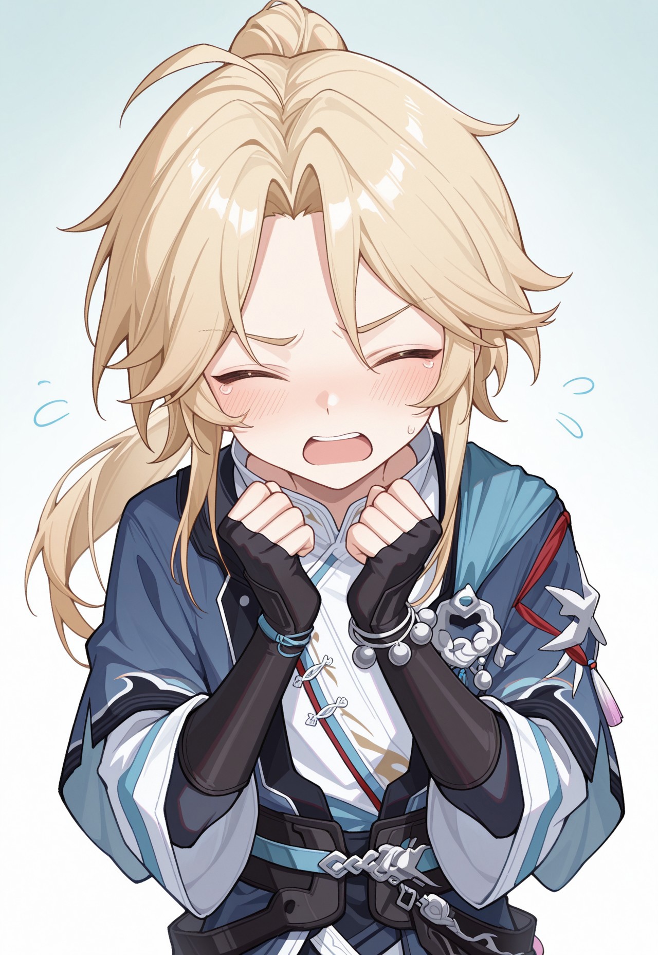 masterpiece,best quality,amazing quality, source_anime, 

Yanqihonk, male focus, 1boy, closed eyes, open mouth, solo, blush, upper body, blonde hair, long hair, ponytail, chinese clothes, shirt, white shirt, kimono, blue kimono, tassel, belt, fingerless gloves, black gloves, 