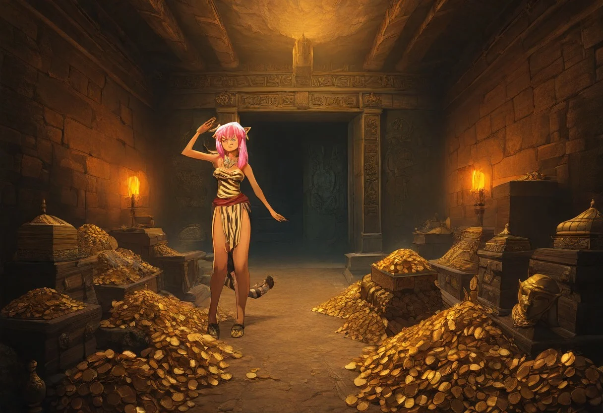 Pink_DragonPink, 1girl, sleeveless dress, white tiger print dress, pelvic curtain, cleavage, white tiger tail, red sash, small breasts, leather shoes, masterpiece, very aesthetic, smiling wide, showing teeth, <lora:pink-illustrious:1>, 
Break
1boy,Anime screencap,link (zelda),blonde hair,blue eyes,pointy ears, low ponytail, sidelocks, wearing blue hyilian tunic, happily smiling
Break
Hyrule dungeon interior, treasure ch4mb3r, A hidden treasure chamber deep within an ancient temple, illuminated by the warm golden glow of torches and mystical blue light from enchanted crystals. The room is filled with piles of gold coins, jewel-encrusted goblets, treasure chests, and ancient artifacts covered in dust. lots of gold and treasure chests in background, Cinematic lighting with dramatic shadows enhances the depth and richness of the scene, creating a visually stunning and immersive environment, pink and link take selfie, posing, closeup on pink and link's faces, in front of piles of gold and treasure chests
