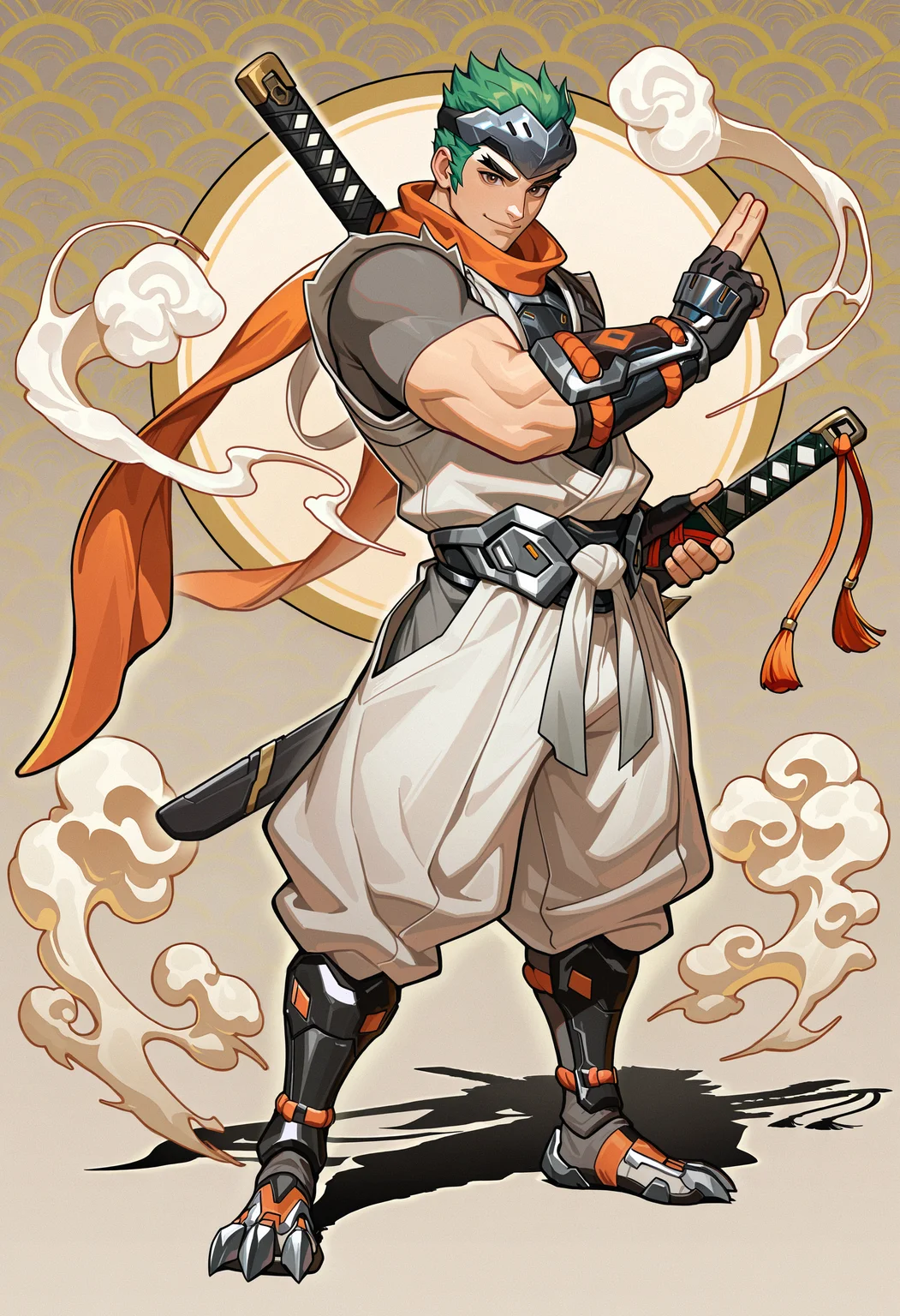 masterpiece, best quality, newest, absurdres, highres, very awa, 1boy, male focus, genji, baggy pants, belt, black gloves, brown eyes, clawed boots, fingerless gloves, forehead protector, full body, gloves, greaves, grey shirt, headband, holding, holding sword, holding weapon, katana, kuji-in, long scarf, looking at viewer, multiple swords, orange scarf, pants, sheath, sheathed, shirt, single sode, smile, smoke, solo, thick arms, vambraces, wakizashi, weapon, white pants, white uwagi
