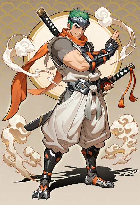 masterpiece, best quality, newest, absurdres, highres, very awa, 1boy, male focus, genji, baggy pants, belt, black gloves, brown eyes, clawed boots, fingerless gloves, forehead protector, full body, gloves, greaves, grey shirt, headband, holding, holding sword, holding weapon, katana, kuji-in, long scarf, looking at viewer, multiple swords, orange scarf, pants, sheath, sheathed, shirt, single sode, smile, smoke, solo, thick arms, vambraces, wakizashi, weapon, white pants, white uwagi