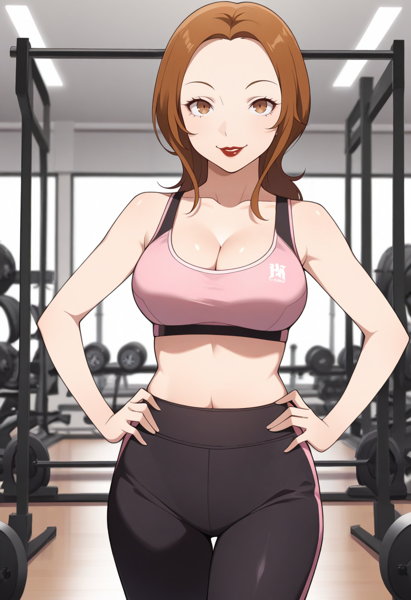 masterpiece, best quality, 1girl, solo, looking at viewer, cowboy shot, smile, gym, hands on hips
pink sports bra, black yoga pants
<lora:zs_KashiwagiILLU:1> k4sh1wagip4, brown hair, long hair, brown eyes, lipstick, mature female, cleavage