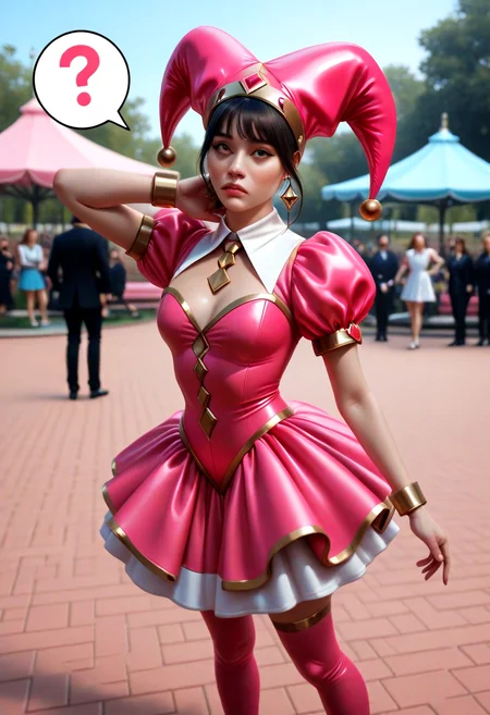 Jester influencer clowned69xoxo posing in an eccentric display of ludicrous style.
She is modeling an outrageous
avant garde costume.
Set in a lush park on a sunny day.
Contemplating the philosophical question of why everyone is so serious.
Professional photography, realistic, film grain