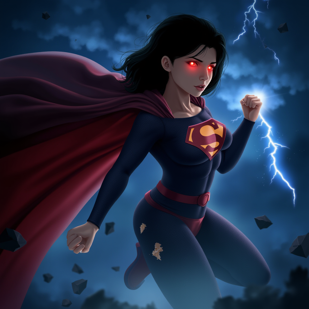 cinematic film still of  <lora:cinematic Superman style v1:0.8>
cinematic style supergirl a drawing of a torn cloth torn outfit of a short hair woman in a superman costume flying through the air in a dark glom cloudy night with bolt lighting in background, 1girl, solo, nude breasts, short hair, large breasts, black hair, red eyes, navel, full body, sky, cloud, cape, torn clothes, bodysuit, muscular, glowing, abs, cloudy sky, clenched hand, genderswap, glowing eyes, genderswap (mtf), clenched hands, muscular female, red cape, electricity, superhero, lightning, 1female, breasts, medium breasts, lips, thick thighs, nose, looking at viewer, torn bodysuit
, shallow depth of field, vignette, highly detailed, high budget, bokeh, cinemascope, moody, epic, gorgeous, film grain, grainy