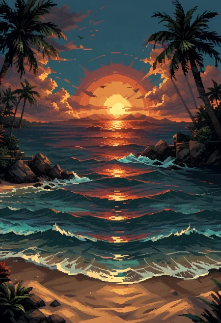 score_9, score_8_up, score_7_up, yamer_pixel_fusion, pixel art, beach, ocean, sunset, hyper-detailed, retrowave, lofi, d3p1x3l, pixel art
