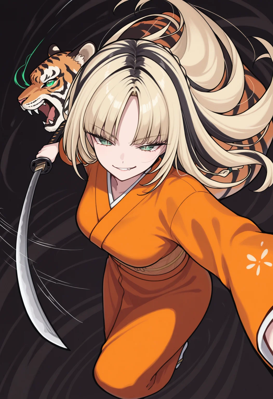 masterpiece, best quality, 1girl, solo, KoganeiNiko, green eyes, slit pupils, multicolored hair, blonde hair, black hair, long hair, side braid, parted bangs, dark theme, dynamic angle, dynamic pose, action pose, dutch angle, foreshortening, smirk, eye trail, swinging, katana, holding sword, afterimage, motion lines, orange kimono, abstract background, black background, tiger, <lora:ChamKoganeiNikoIllustriousXL:1>