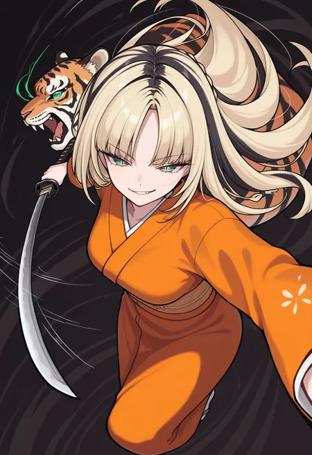 masterpiece, best quality, 1girl, solo, KoganeiNiko, green eyes, slit pupils, multicolored hair, blonde hair, black hair, long hair, side braid, parted bangs, dark theme, dynamic angle, dynamic pose, action pose, dutch angle, foreshortening, smirk, eye trail, swinging, katana, holding sword, afterimage, motion lines, orange kimono, abstract background, black background, tiger, <lora:ChamKoganeiNikoIllustriousXL:1>
