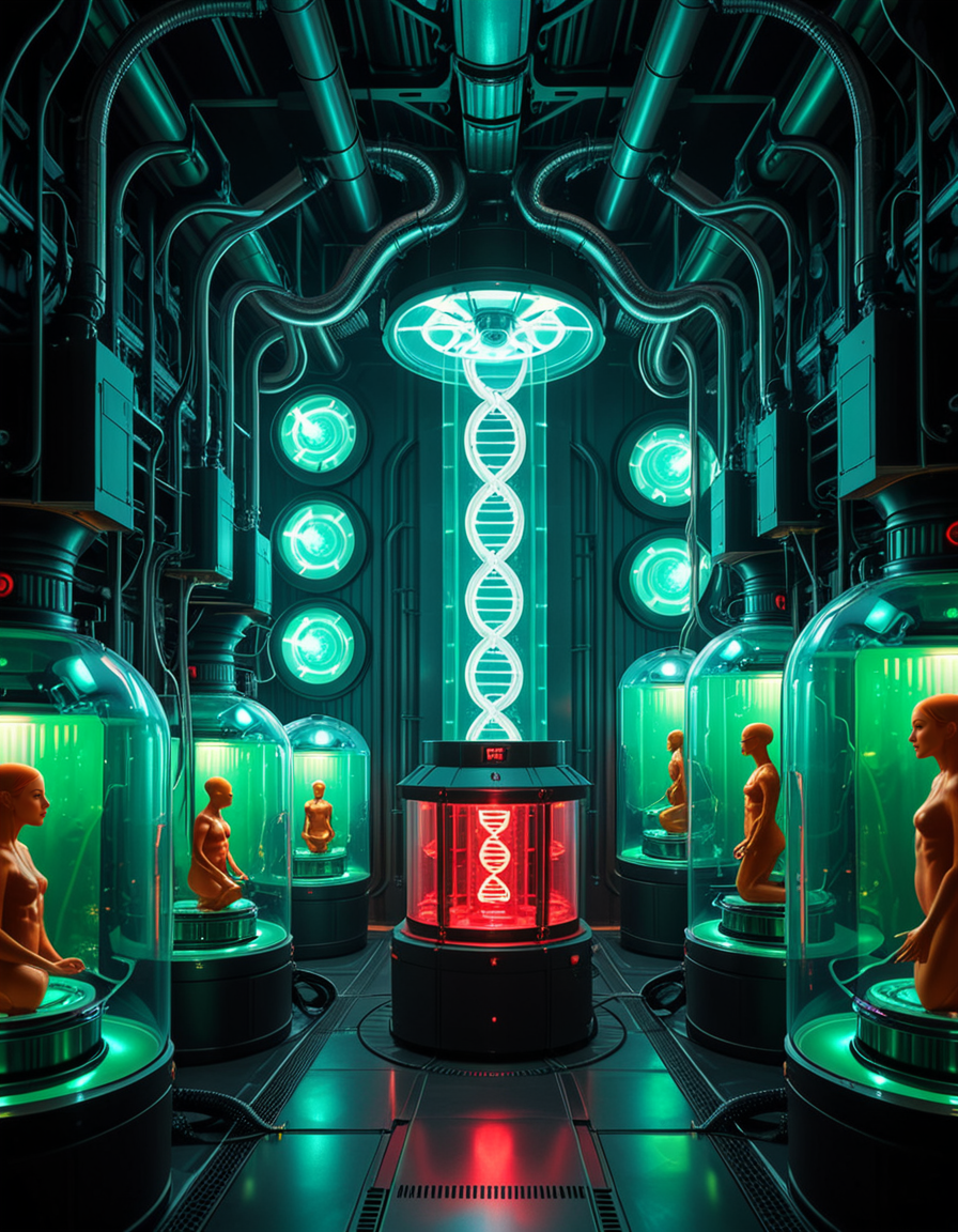 A dark, futuristic cloning laboratory infused with biomechanical horror, inspired by the art of H.R. Giger. The environment is a fusion of cold, industrial metal and pulsating organic structures, where walls seem alive, breathing with a rhythmic pulse of dark energy. The entire facility feels like a fusion of machine and flesh, an eerie cathedral of synthetic life.
At the center of the lab, massive transparent incubation pods line the walls, each filled with a thick, greenish amniotic fluid. Inside, half-formed clones float in various stages of developmentâsome eerily human, others distorted by biomechanical mutations. Tubes and organic cables snake from the ceiling, injecting raw genetic material into the growing bodies, merging artificial and organic components.
A colossal central machine, resembling a fusion of an ancient altar and a high-tech processor, serves as the core of the cloning process. DNA strands, displayed as holographic symbols in glowing red and neon green, shift and mutate in real-time, manipulated by unseen algorithms. Mechanical arms, covered in organic textures, extract samples from fluid-filled glass canisters, feeding the system with raw genetic material.
The dim lighting casts elongated shadows across the ribbed metallic floor, illuminated only by the sickly glow of bio-luminescent veins coursing through the walls. A constant hum of machinery, mixed with the faint sound of heartbeat-like pulsations, fills the air, creating an overwhelming sense of unnatural life in the making.
This is not just a cloning facilityâit is a factory of engineered existence, where the line between science and the grotesque unknown has been erased, birthing life that was never meant to be
<lora:SDXLFaeTastic2400:0.4> <lora:extremely_detailed:0.4> extremely detailed, <lora:futuristic_cloning_l4b0r4t0ry:1>,futuristic cloning l4b0r4t0ry, Masterpiece,best quality,hi res,8k,hi res,8k,award winning,(sharp focus, intricate, highly detailed),