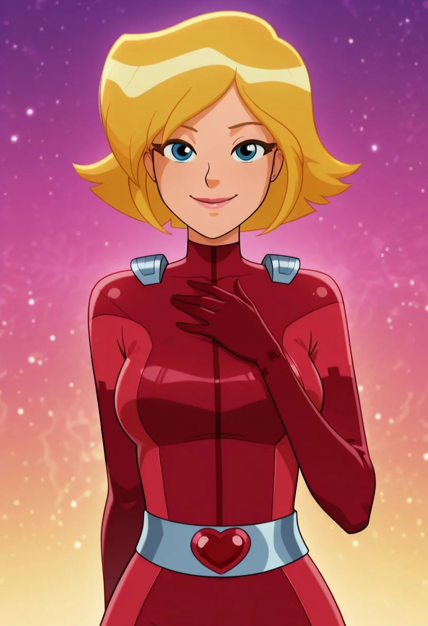 masterpiece, best quality, good quality, 1girl, solo, cartoon, totally_spies_2k24, cl0ver, blonde hair, blue eyes, red bodysuit, sexy, large breasts, beautiful, detailed, high detailed, very beautiful, detailed face, detailed eyes, detailed hand, abstract background, smile, smiling, looking at viewer, face focus