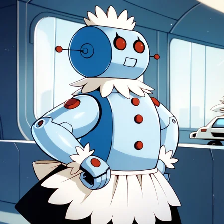 score_9, score_8_up, score_7_up BREAK RosieTJ, 1girl, robot girl, metal body, red eyes, red buttons, wheels, white maid cap, white collar, white cuffs, white hip apron, black skirt, female, female focus, solo, solo focus, futuristic indoors, futuristic background, cowboy shot, smiling at viewer,